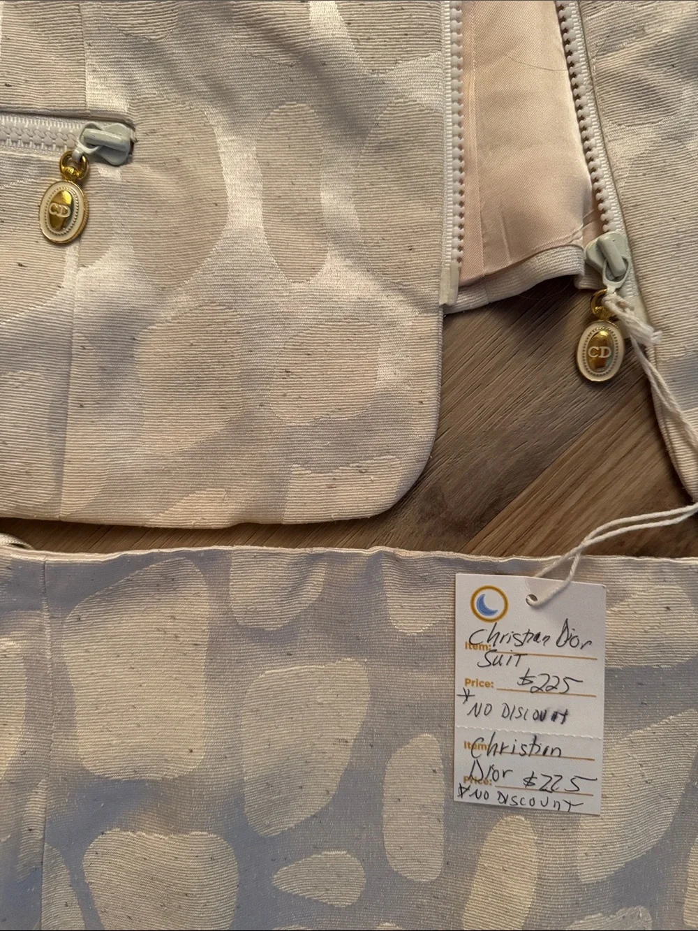 VINTAGE CHRISTIAN DIOR Cream and Beige Patterned Zip-Front Jacket + Skirt Set